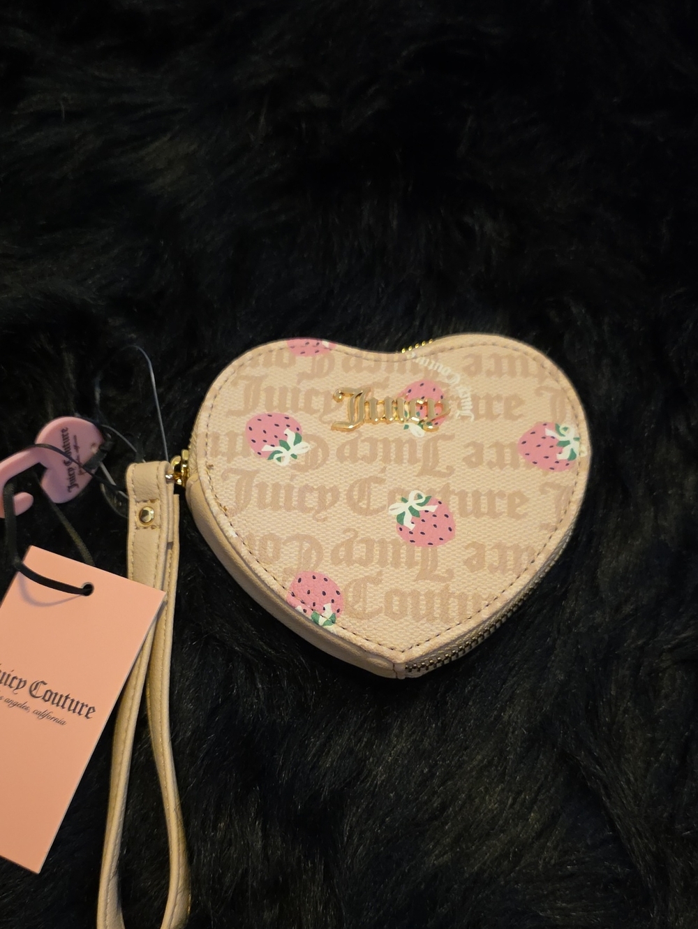 Juicy Couture Beige Heart Wristlet with Pink Strawberry Print